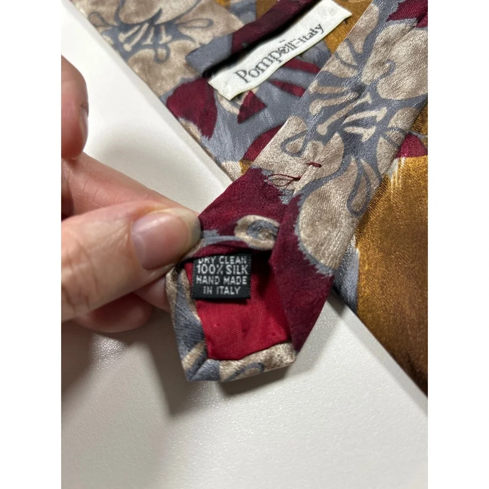 Pompeii Italy Mens Silk Tie Burgundy Gold Grey Abstract Floral Hand Made Italy
